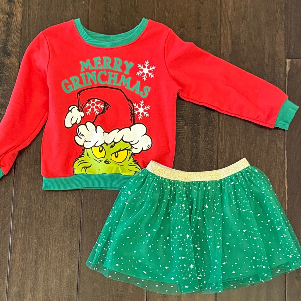 Super Cute Grinch Green Tulle Skirt with Gold Waistband and Matching Sweatshirt
